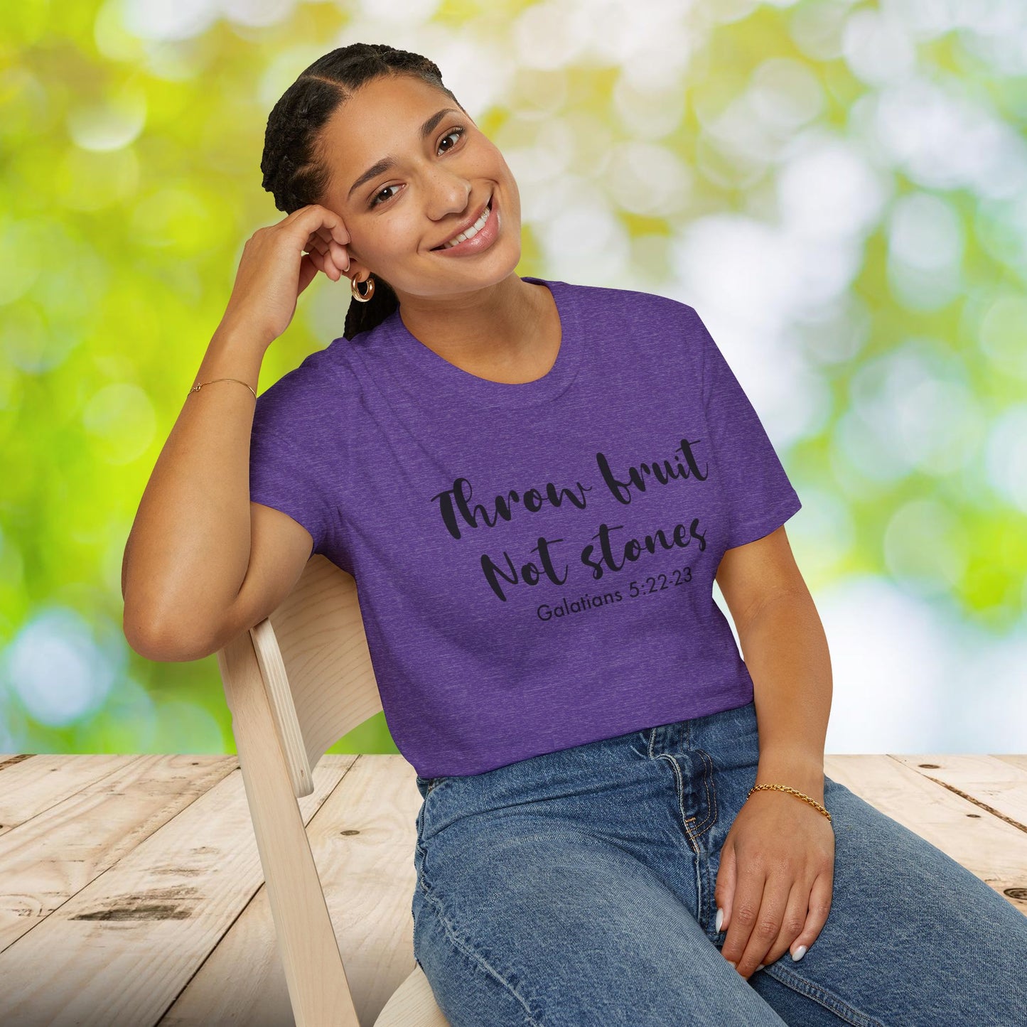 Inspirational Crew Tee - Throw Fruit Not Stones, Motivational Shirt, Faith-Based Gift, Everyday Wear, Christian Message Tee, Galatians 5