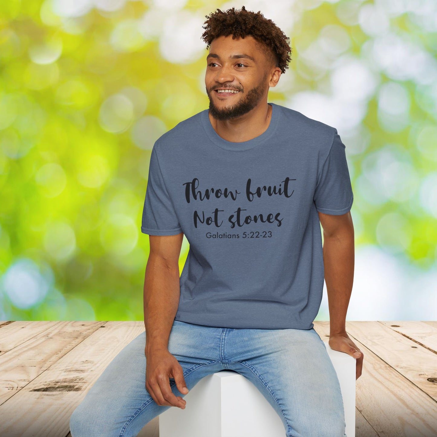 Inspirational Crew Tee - Throw Fruit Not Stones, Motivational Shirt, Faith-Based Gift, Everyday Wear, Christian Message Tee, Galatians 5