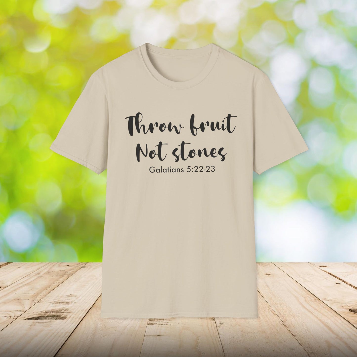 Inspirational Crew Tee - Throw Fruit Not Stones, Motivational Shirt, Faith-Based Gift, Everyday Wear, Christian Message Tee, Galatians 5