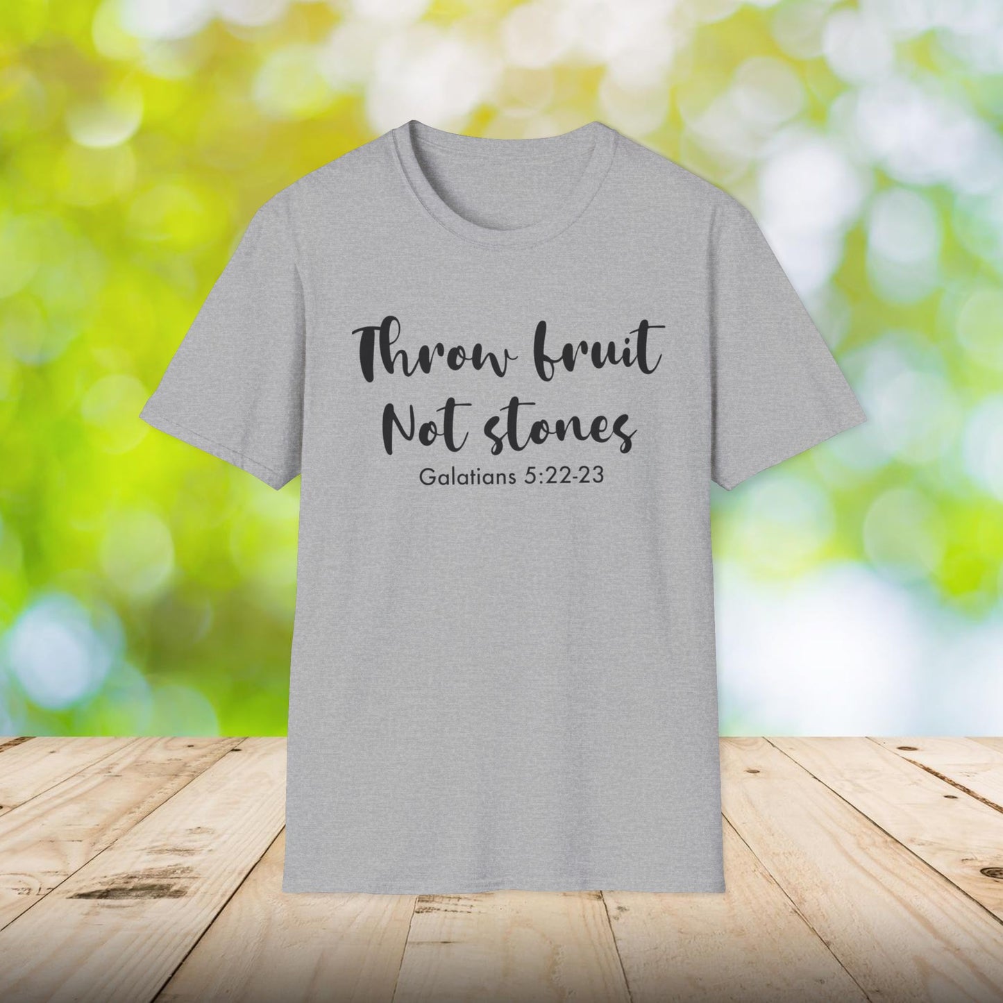 Inspirational Crew Tee - Throw Fruit Not Stones, Motivational Shirt, Faith-Based Gift, Everyday Wear, Christian Message Tee, Galatians 5