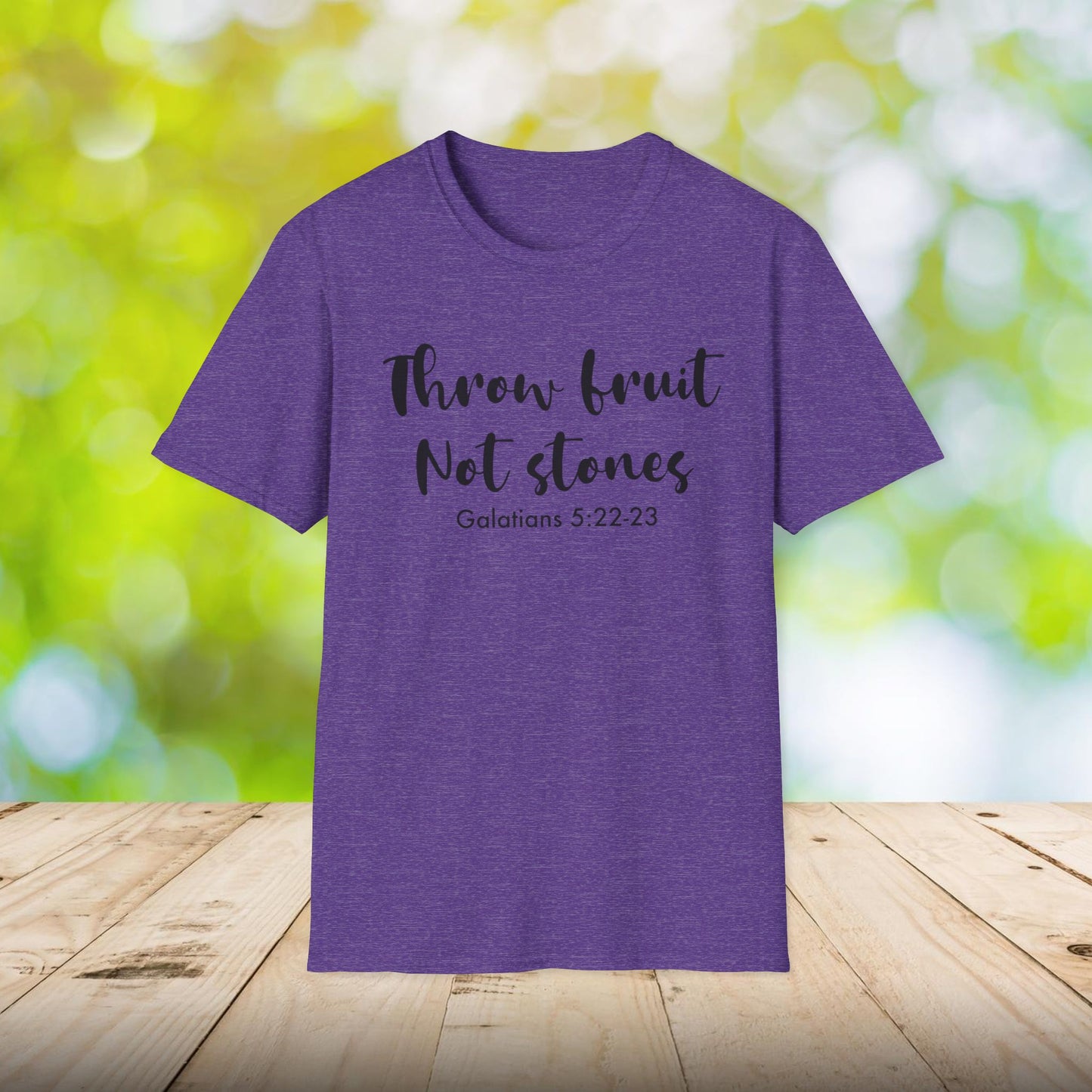 Inspirational Crew Tee - Throw Fruit Not Stones, Motivational Shirt, Faith-Based Gift, Everyday Wear, Christian Message Tee, Galatians 5