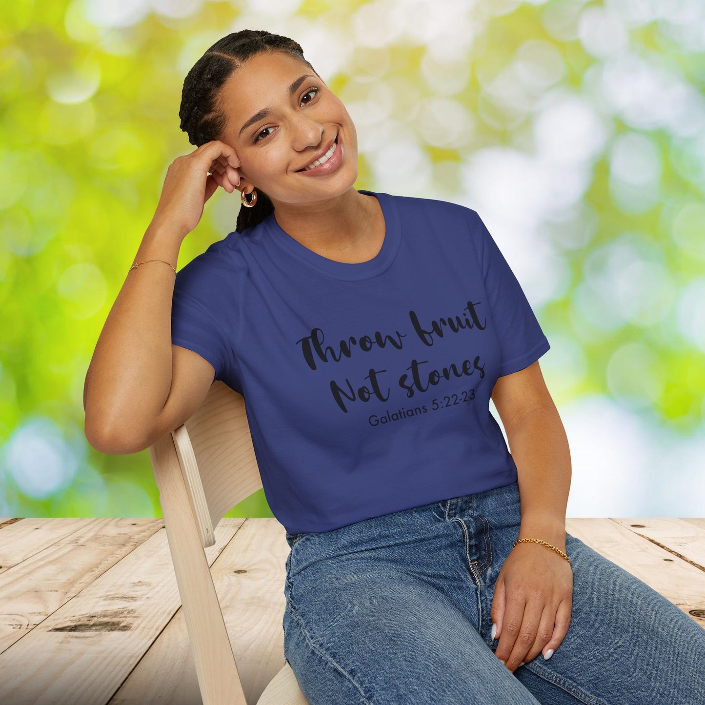Inspirational Crew Tee - Throw Fruit Not Stones, Motivational Shirt, Faith-Based Gift, Everyday Wear, Christian Message Tee, Galatians 5