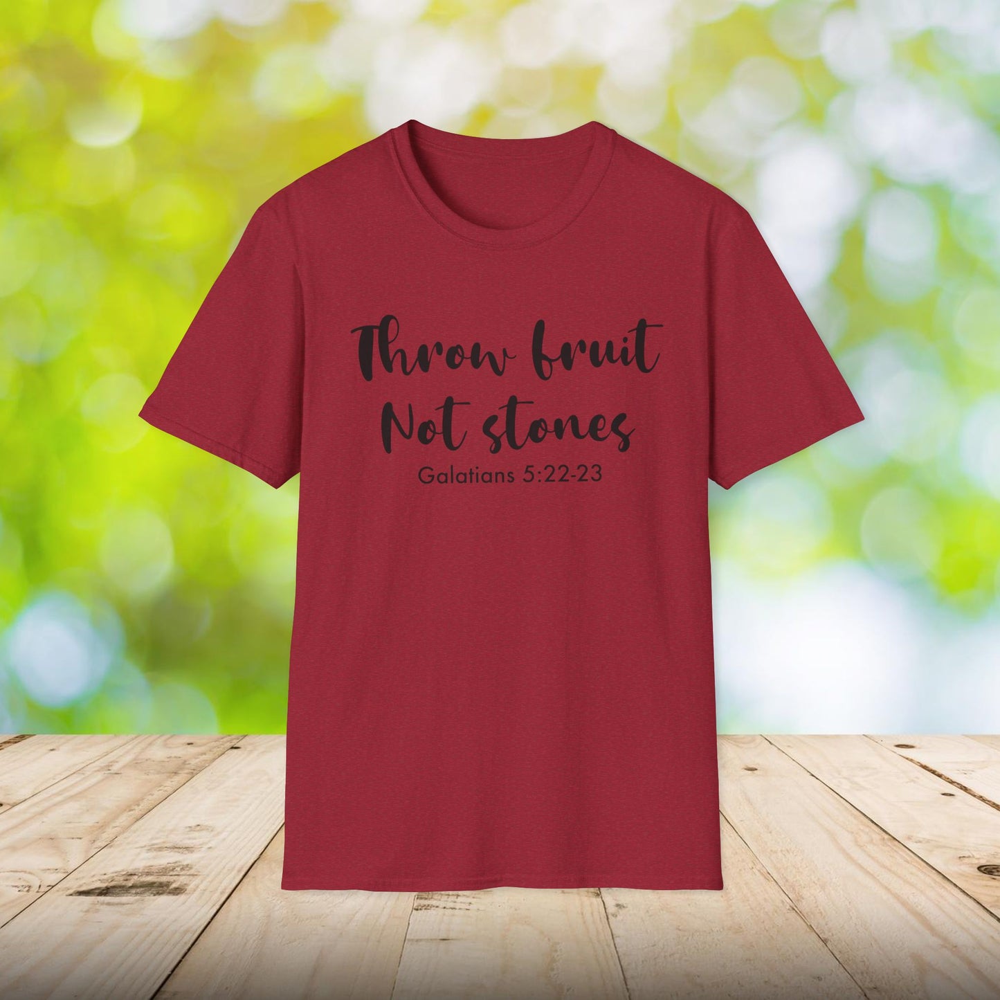 Inspirational Crew Tee - Throw Fruit Not Stones, Motivational Shirt, Faith-Based Gift, Everyday Wear, Christian Message Tee, Galatians 5
