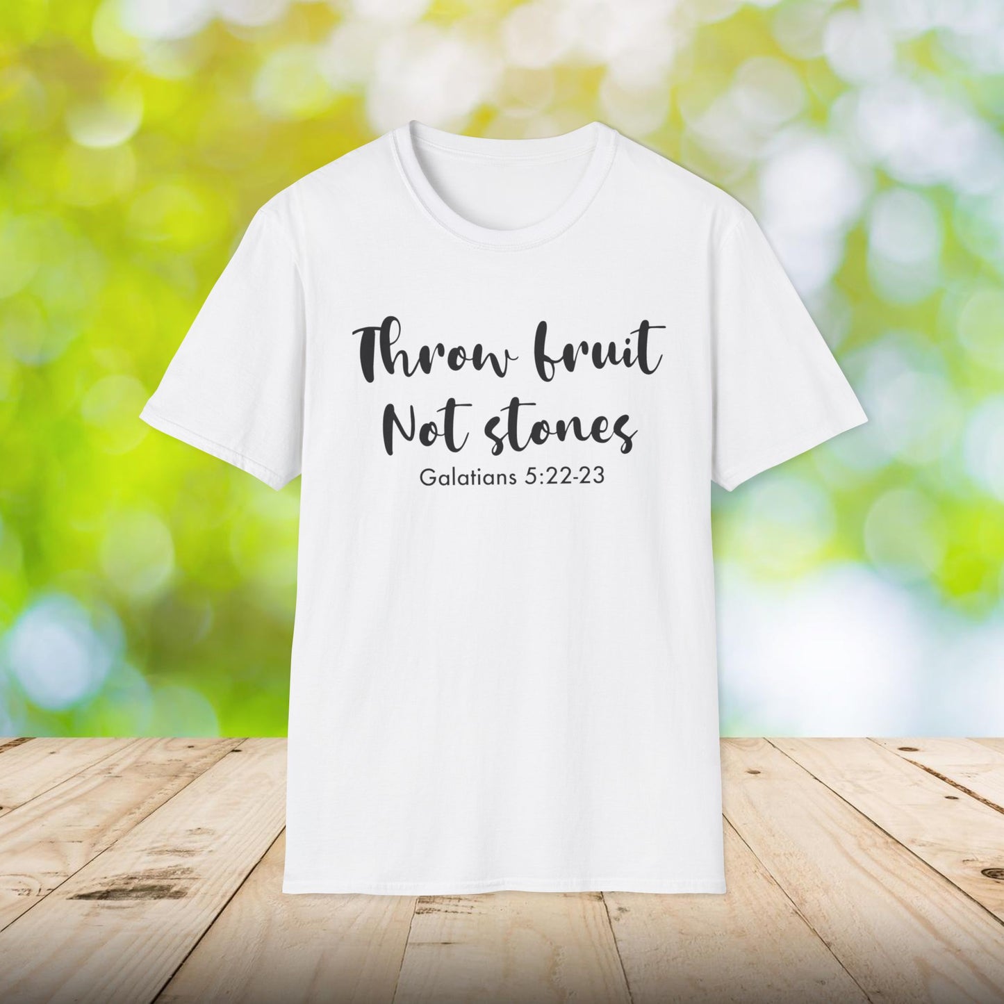 Inspirational Crew Tee - Throw Fruit Not Stones, Motivational Shirt, Faith-Based Gift, Everyday Wear, Christian Message Tee, Galatians 5