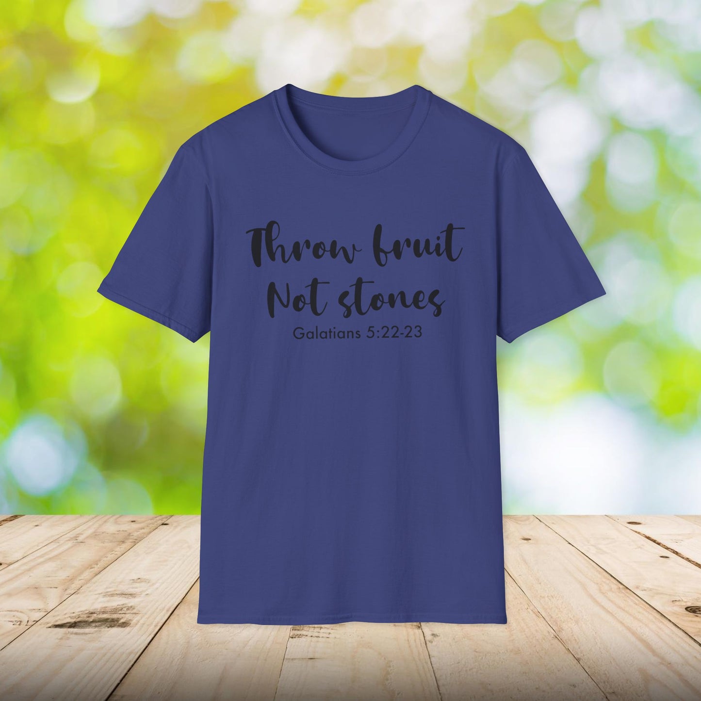 Inspirational Crew Tee - Throw Fruit Not Stones, Motivational Shirt, Faith-Based Gift, Everyday Wear, Christian Message Tee, Galatians 5