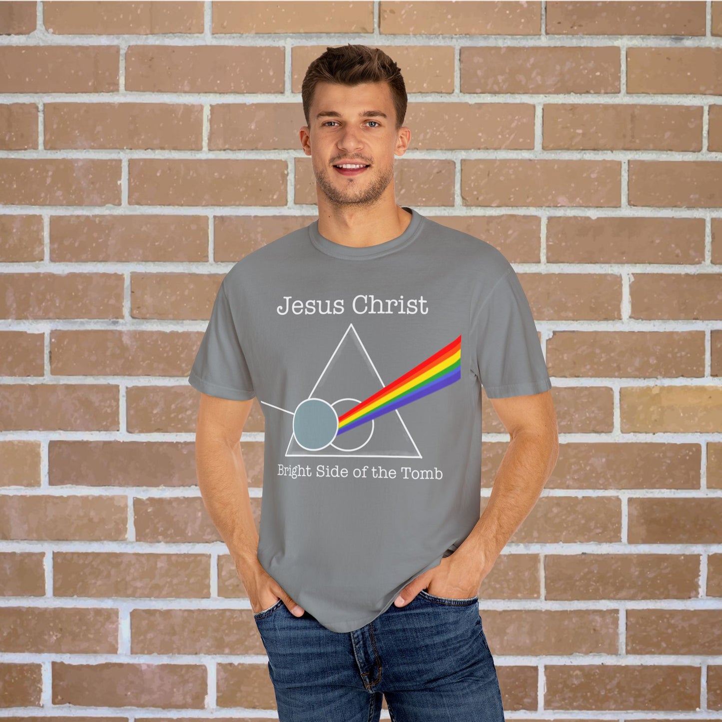 Christian Jesus Christ Pink Floyd Unisex Garment-Dyed T-shirt, Bright Side of the Tomb Tee, Relaxed Fit Shirt, Vintage Washed Top, Religious